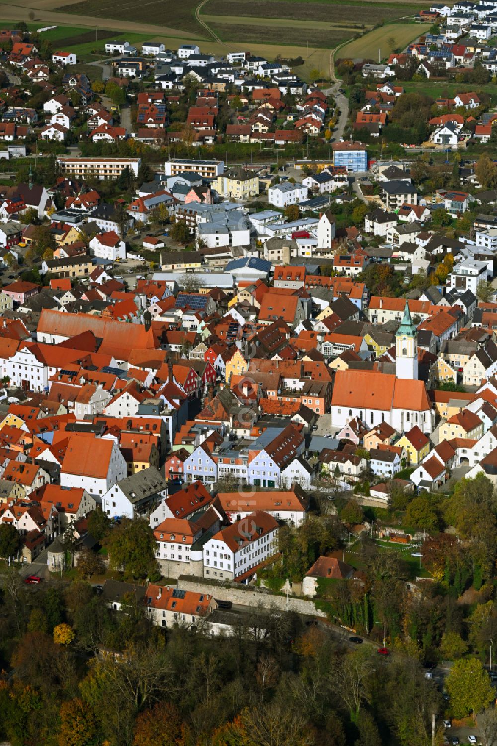 Aerial image Abensberg - The city center in the downtown area in Abensberg in the state Bavaria, Germany