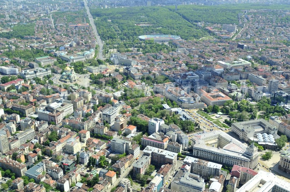 Aerial photograph Sofia - City center in the downtown area at the Alexan der Nevsky Cathedral in Sofia in Bulgaria