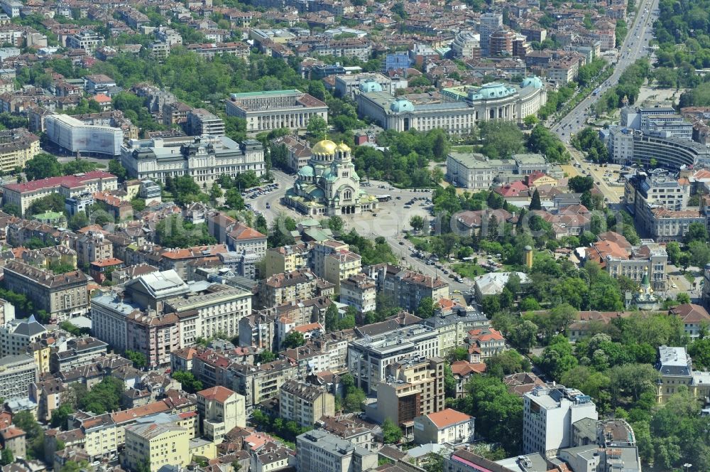 Aerial image Sofia - City center in the downtown area at the Alexan der Nevsky Cathedral in Sofia in Bulgaria