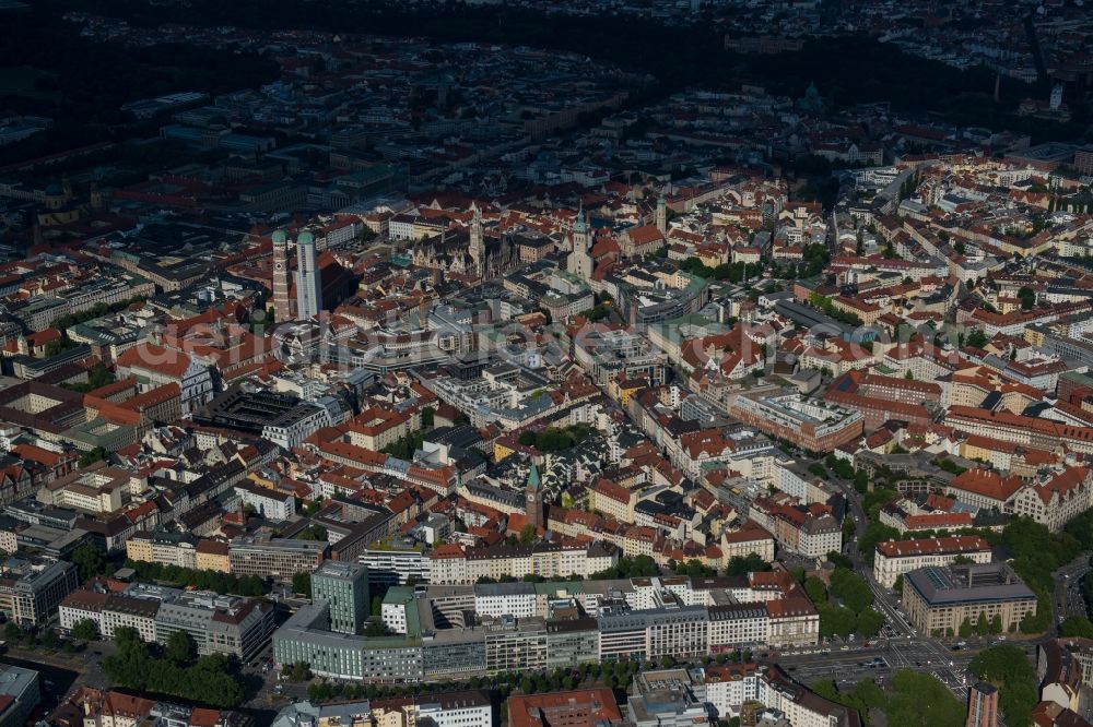 München from the bird's eye view: City center in the downtown area of the old town with the Frauenkirche in the New Town Hall in the center of Munich in Bavaria