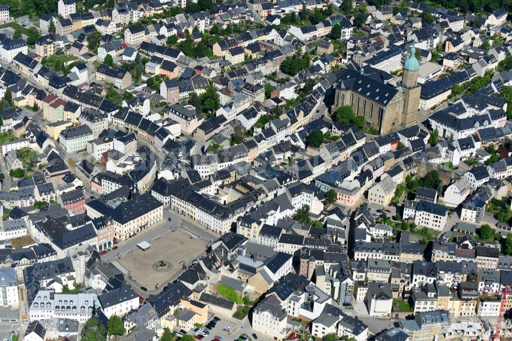 Annaberg-Buchholz from above - The city center in the downtown area with of St. Annenkirche and the Markt place in Annaberg-Buchholz in the state Saxony, Germany