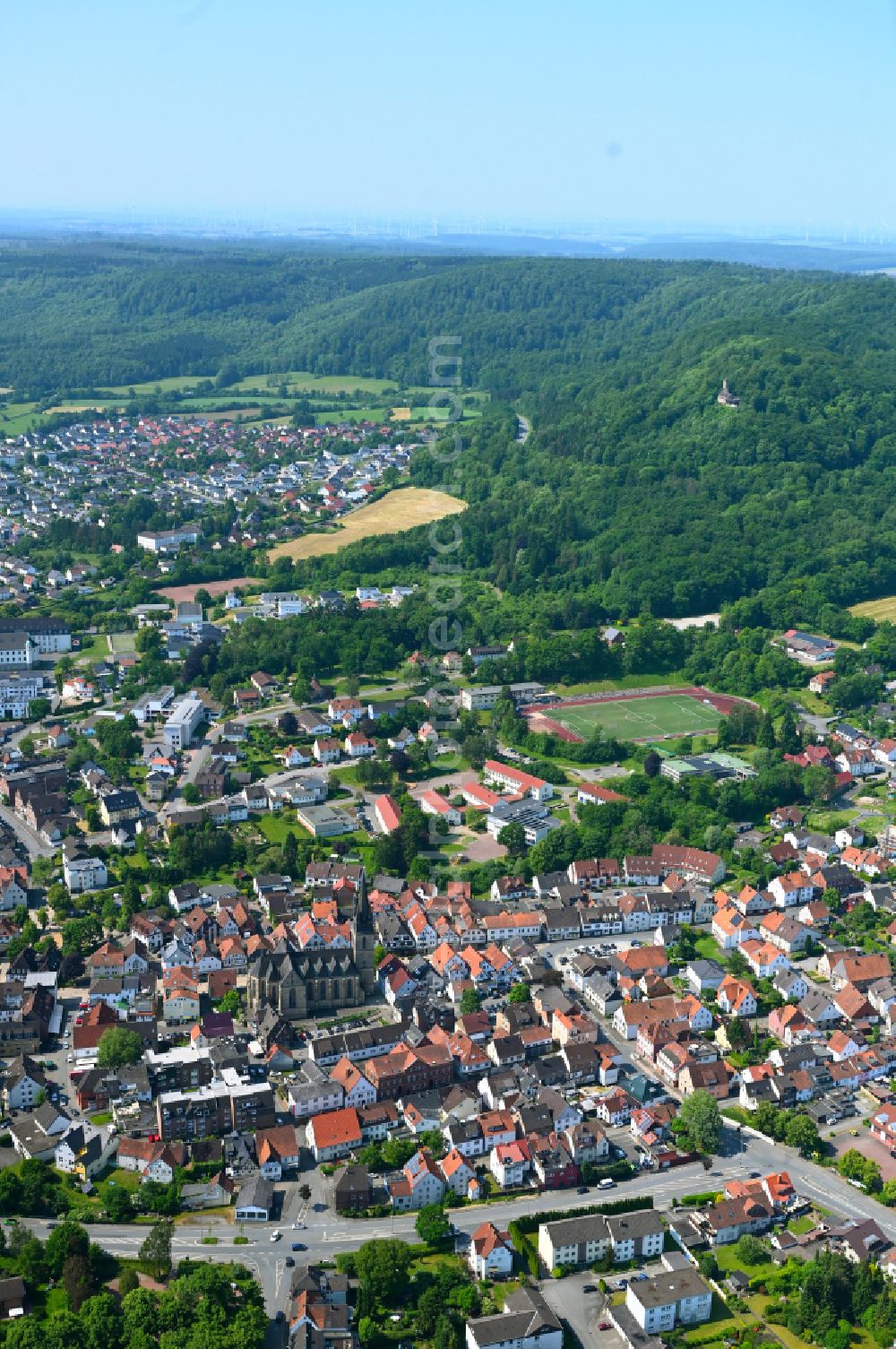 Bad Driburg from above - The city center in the downtown area in Bad Driburg in the state North Rhine-Westphalia, Germany