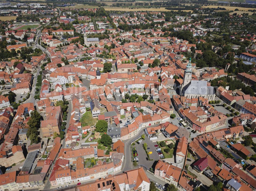 Bad Langensalza from above - The city center in the downtown area in Bad Langensalza in the state Thuringia, Germany