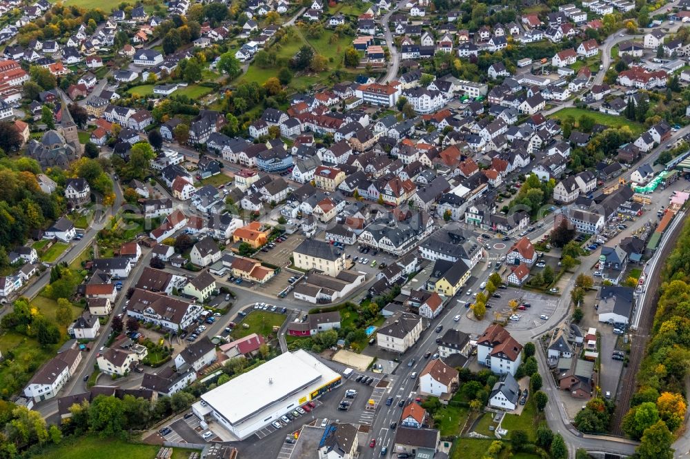 Balve from above - The city center in the downtown area in Balve in the state North Rhine-Westphalia, Germany