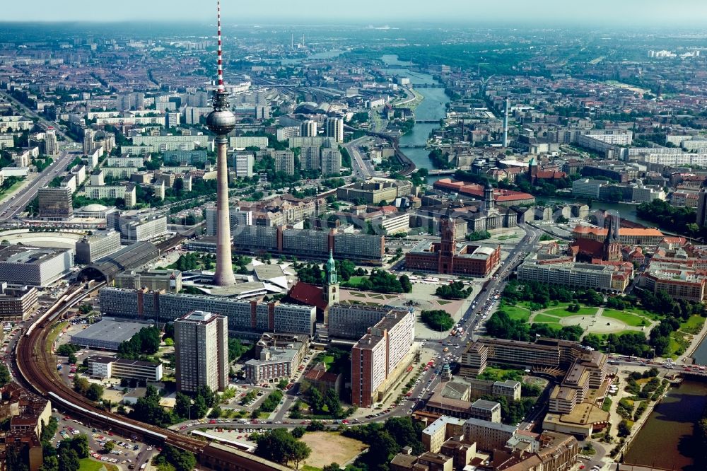 Berlin from the bird's eye view: City center in the downtown area in East Berlin with the TV tower at Alexanderplatz, the Red Town Hall, the Berlin Cathedral, the Nikolai Quarter, the S- and U-railway station Alexanderplatz square and Rathauspassagen