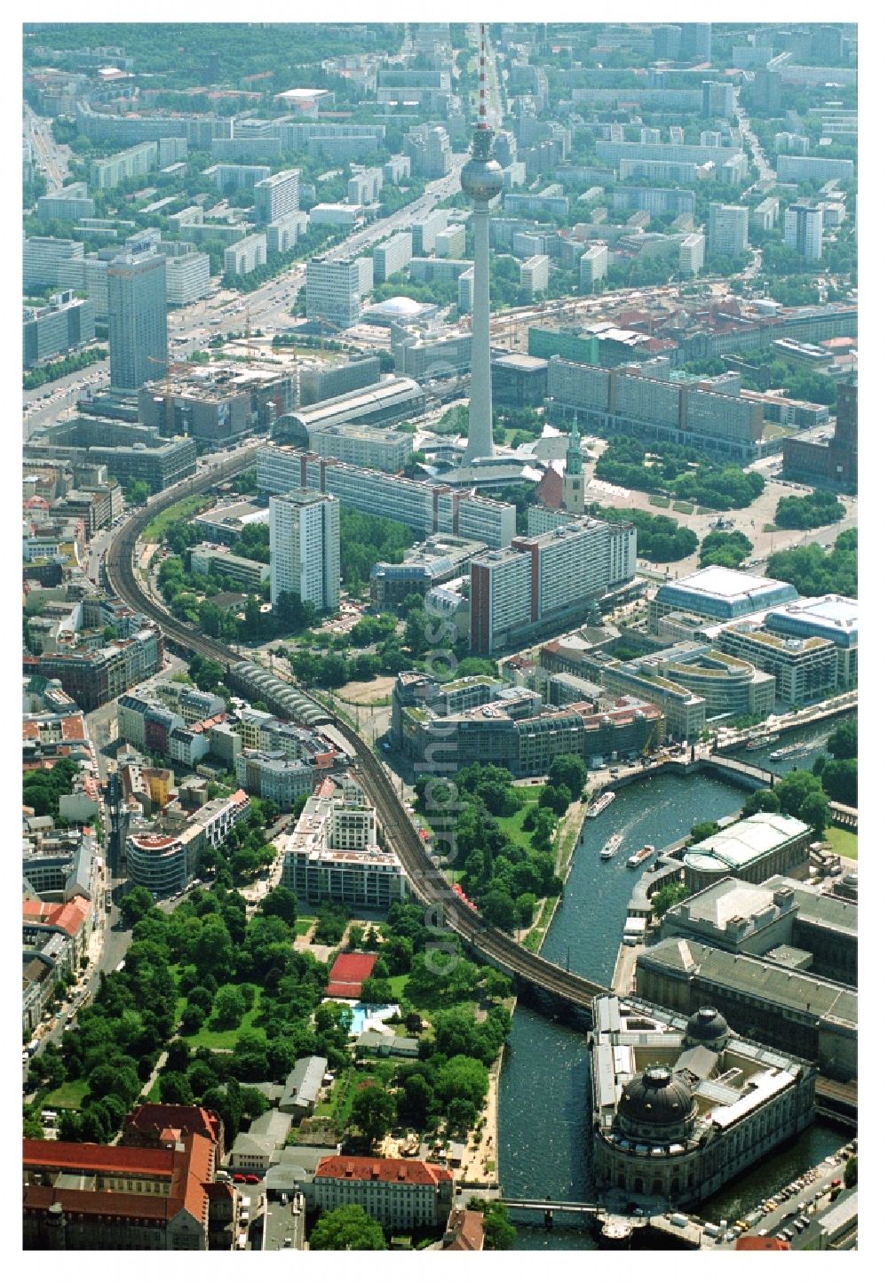 Berlin from above - City center in the downtown area with the Hackescher Markt S-Bahn station Hackescher Markt, Oranienburgerstrasse, Monbijoupark, beach and Museum Island on the Spree in Berlin-Mitte