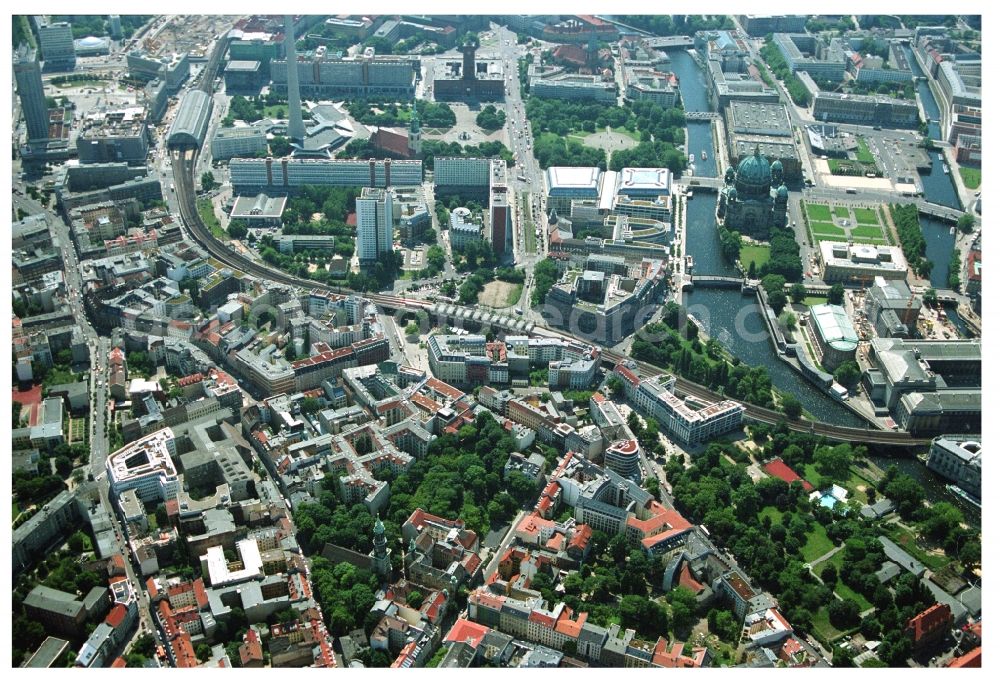 Berlin from above - City center in the downtown area with the Hackescher Markt S-Bahn station Hackescher Markt, Oranienburgerstrasse, Monbijoupark, beach and Museum Island on the Spree in Berlin-Mitte