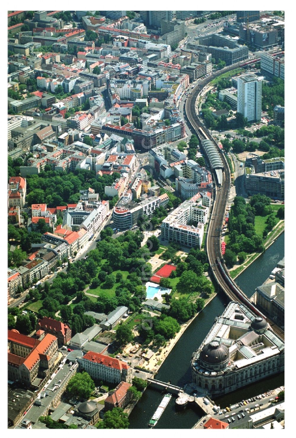 Berlin from above - City center in the downtown area with the Hackescher Markt S-Bahn station Hackescher Markt, Oranienburgerstrasse, Monbijoupark, beach and Museum Island on the Spree in Berlin-Mitte