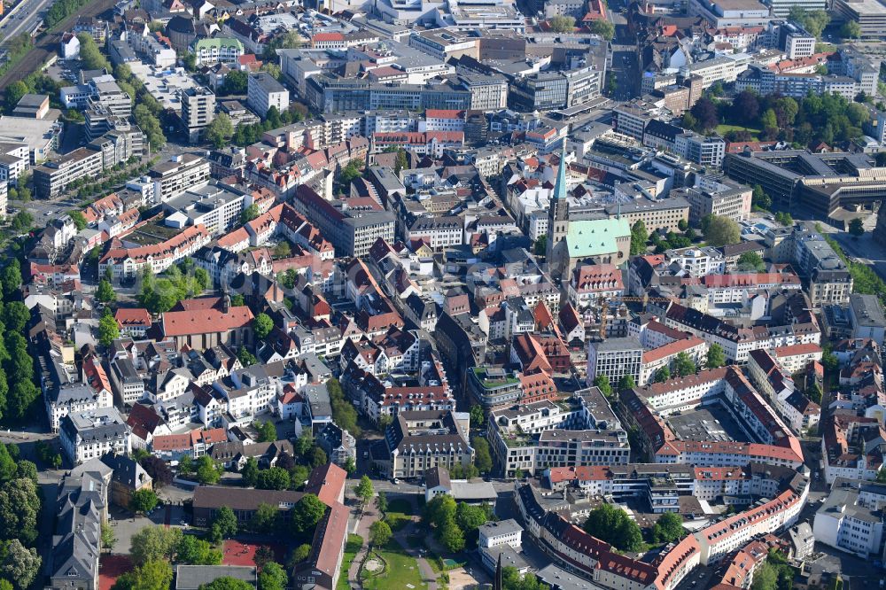 Bielefeld from above - The city center in the downtown area in the district Mitte in Bielefeld in the state North Rhine-Westphalia, Germany