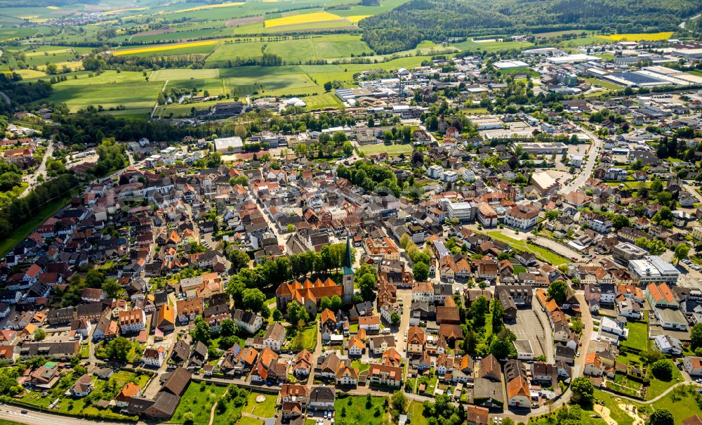 Aerial image Brakel - The city center in the downtown area in Brakel in the state North Rhine-Westphalia, Germany