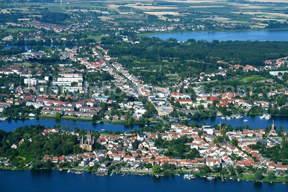 Werder (Havel) from above - The city center in the downtown area Brandenburger Strasse - Torstrasse in Werder (Havel) in the state Brandenburg, Germany