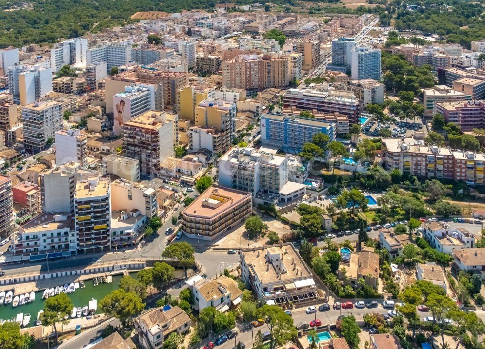 Aerial photograph El Arenal - The city center in the downtown area on Carrer Sant Bartomeu - Carrer Salut in El Arenal in Balearic island of Mallorca, Spain
