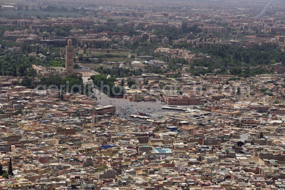 Marrakesh from above - The city center in the downtown area Djemaa el Fna in the district Jamaa el Fna in Marrakesh in Marrakesh-Safi, Morocco