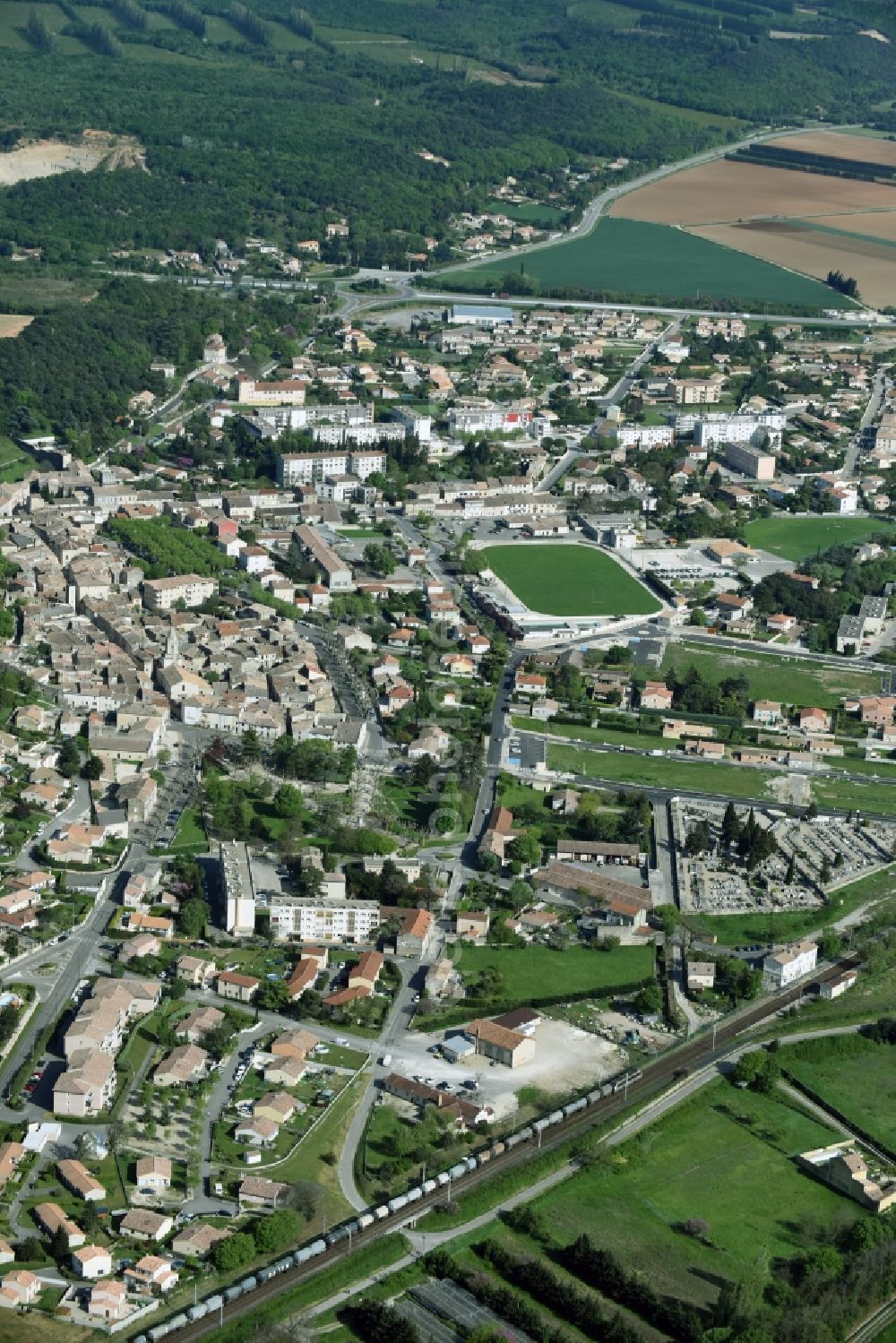 Donzère from the bird's eye view: The city center in the downtown area in DonzA?re in Auvergne Rhone-Alpes, France