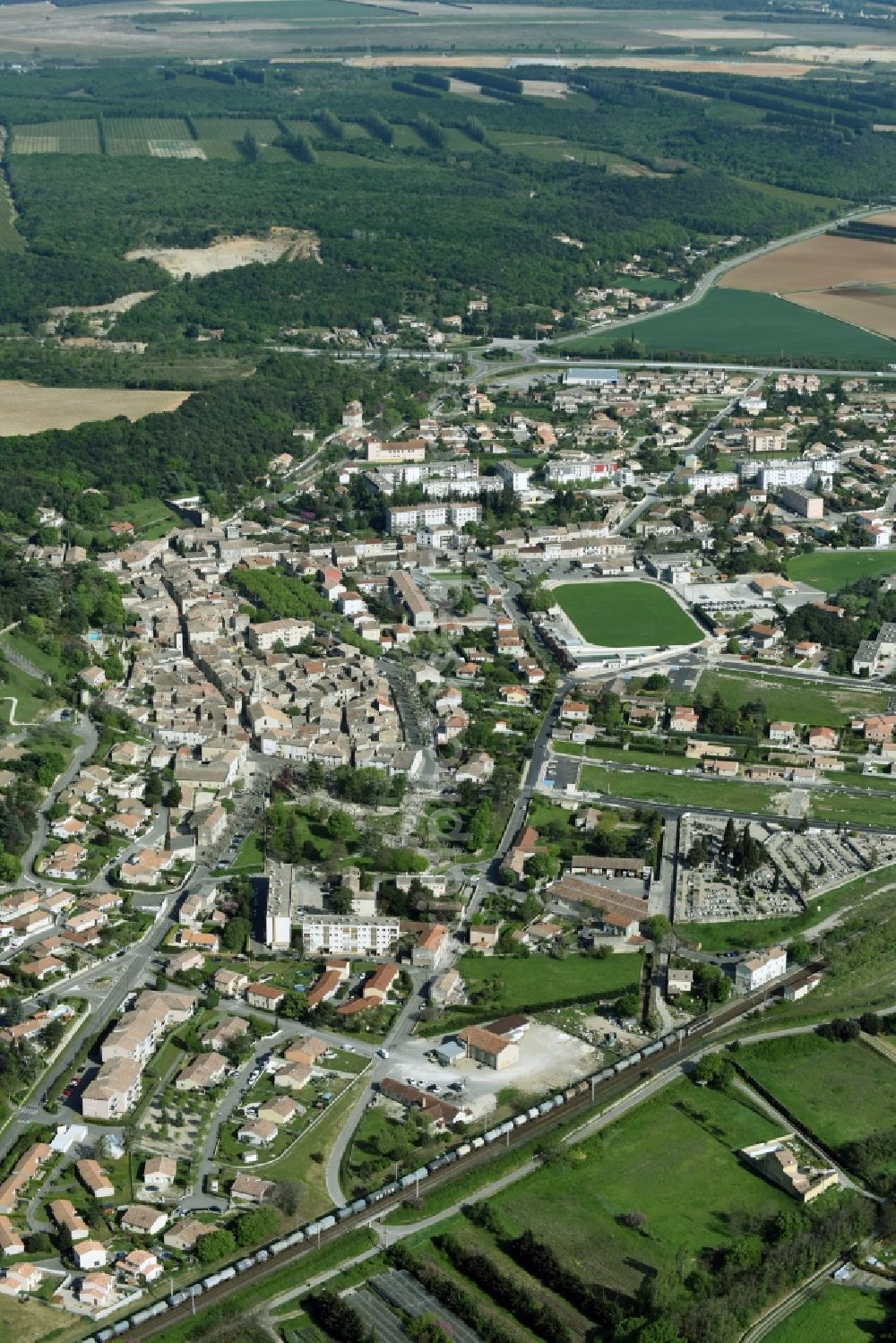 Aerial image Donzère - The city center in the downtown area in DonzA?re in Auvergne Rhone-Alpes, France