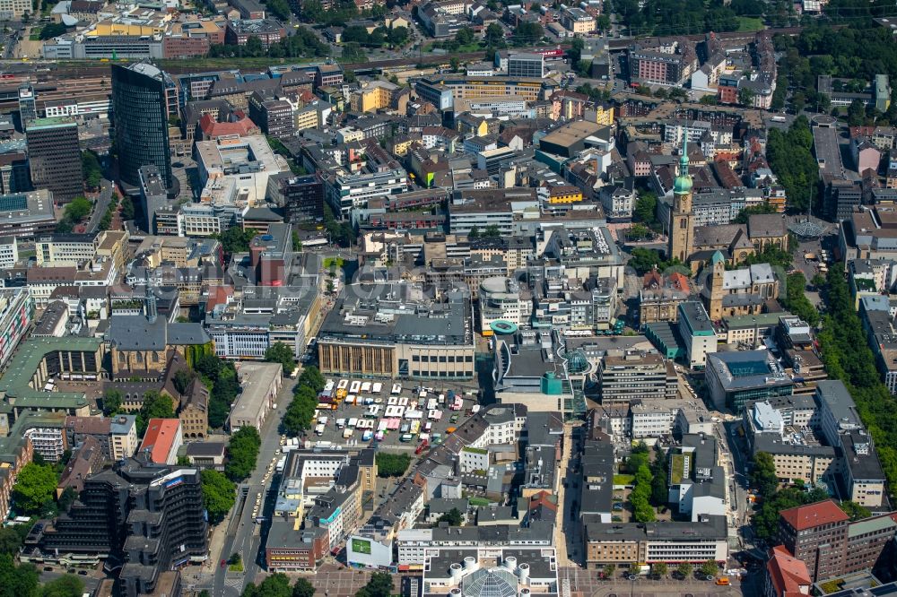 Aerial photograph Dortmund - The city center in the downtown area with marketplace and shopping center aswell as residential areas besides the road Bornstrasse in Dortmund in the state North Rhine-Westphalia