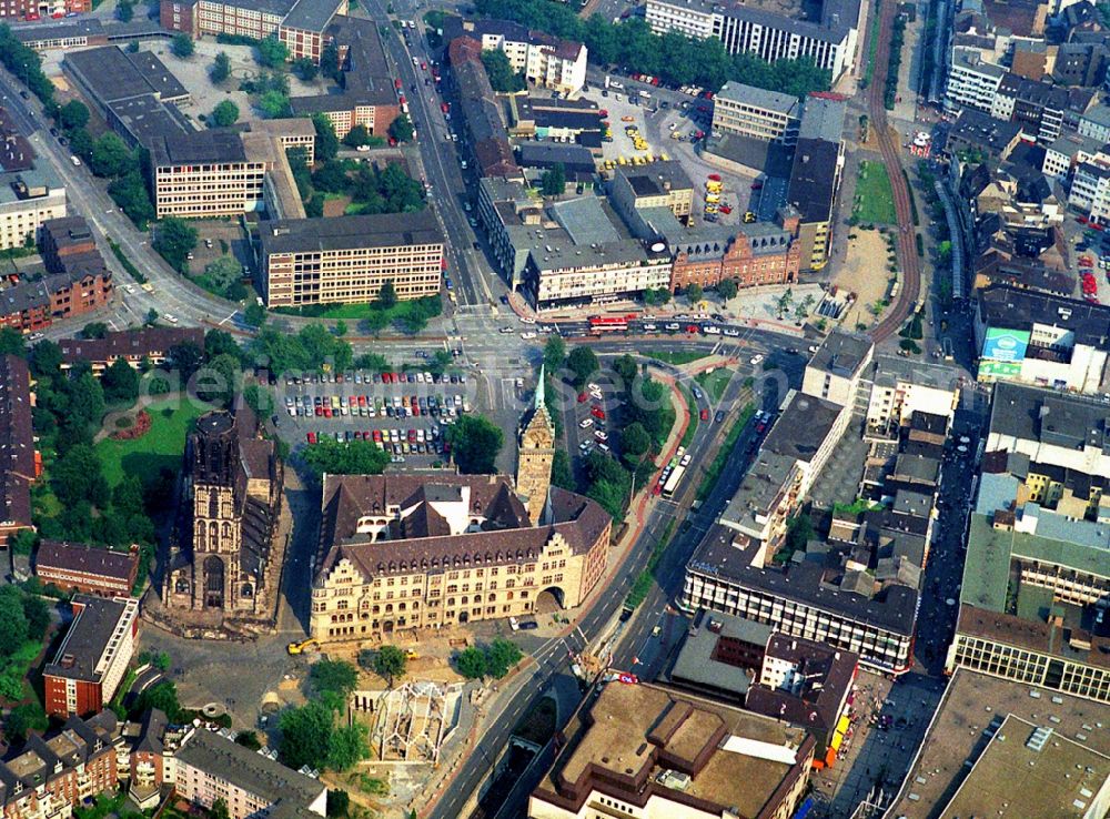 Duisburg from above - The city center in the downtown church Salvatorkirche und town house in Duisburg in the state North Rhine-Westphalia