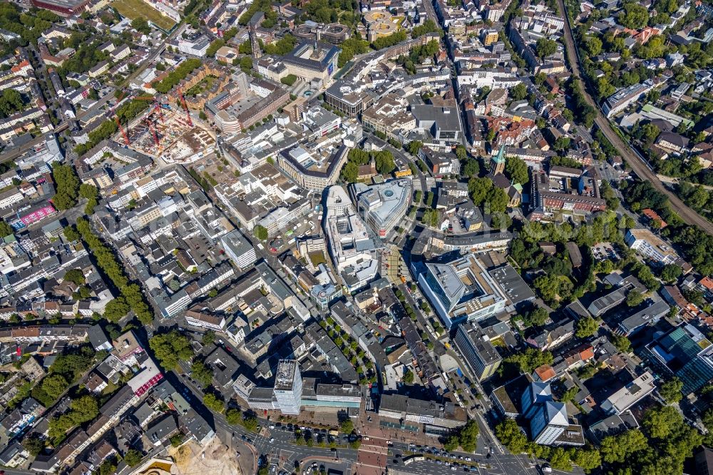 Aerial photograph Bochum - The city center in the downtown area with an ensemble of shopping centers and a residential and commercial district along the Massenbergstrasse - Schuetzenbahn - Bongardstrasse in the district Innenstadt in Bochum in the state North Rhine-Westphalia, Germany