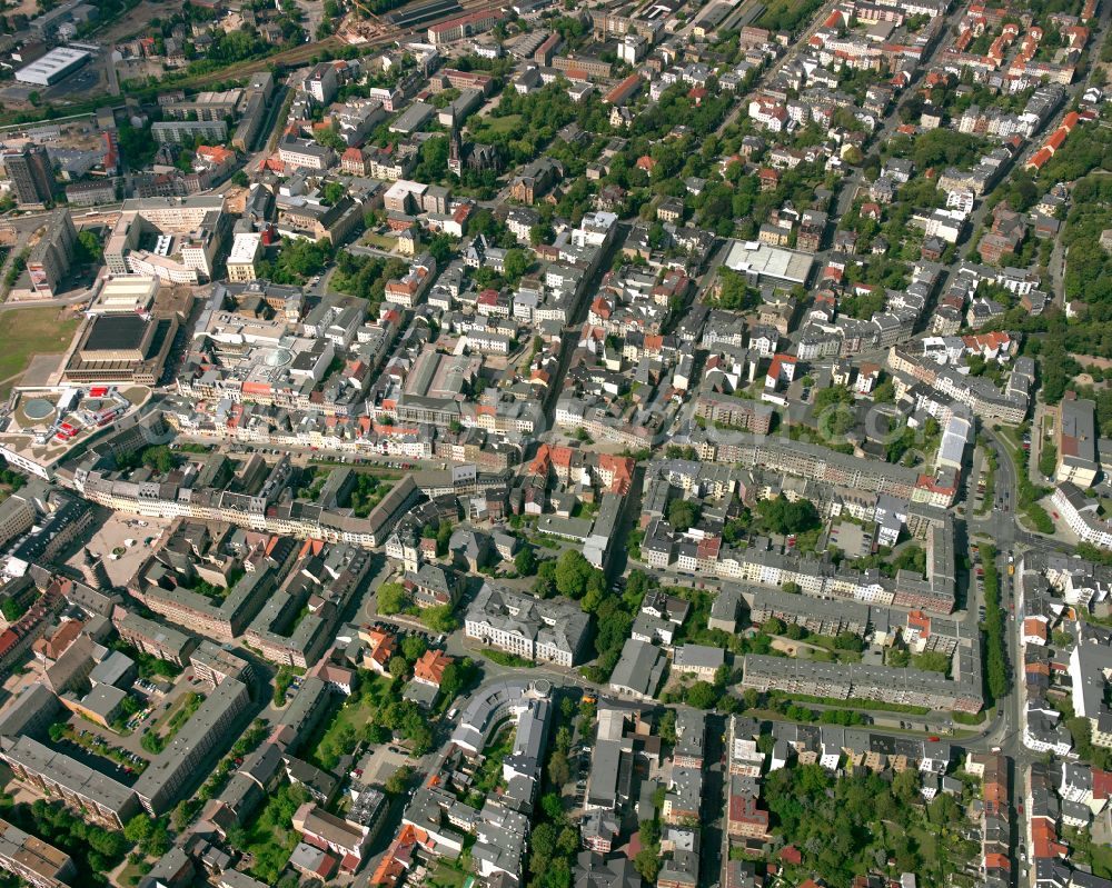 Gera from above - The city center in the downtown area on street Hussstrasse in Gera in the state Thuringia, Germany