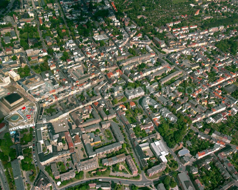 Gera from the bird's eye view: The city center in the downtown area on street Hussstrasse in Gera in the state Thuringia, Germany