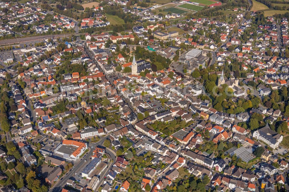 Geseke from above - The city center in the downtown area on street Alhardstrasse in Geseke in the state North Rhine-Westphalia, Germany