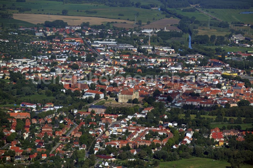 Güstrow from above - The city center in the downtown are in Guestrow in the state Mecklenburg - Western Pomerania. The Barlach town is known for its castle and located in the county district of Rostock