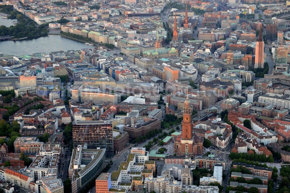 Hamburg from the bird's eye view: City center and downtown area of Hamburg in Germany. St. Michaelis church is located in the foreground