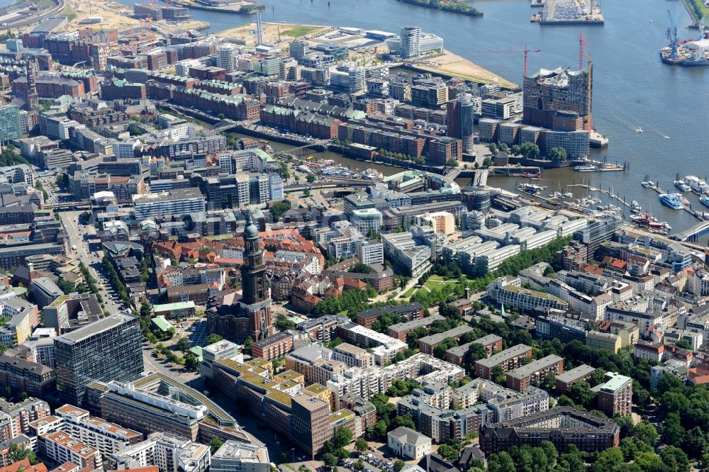 Hamburg from above - City center and downtown area of Hamburg in Germany. St. Michaelis church is located in the foreground, HafenCity and Elbphilharmonie are located in the background