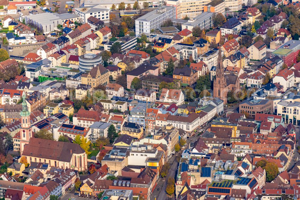 Aerial image Offenburg - The city center in the downtown area Haupstrasse Fussgaengerzone in Offenburg in the state Baden-Wurttemberg, Germany