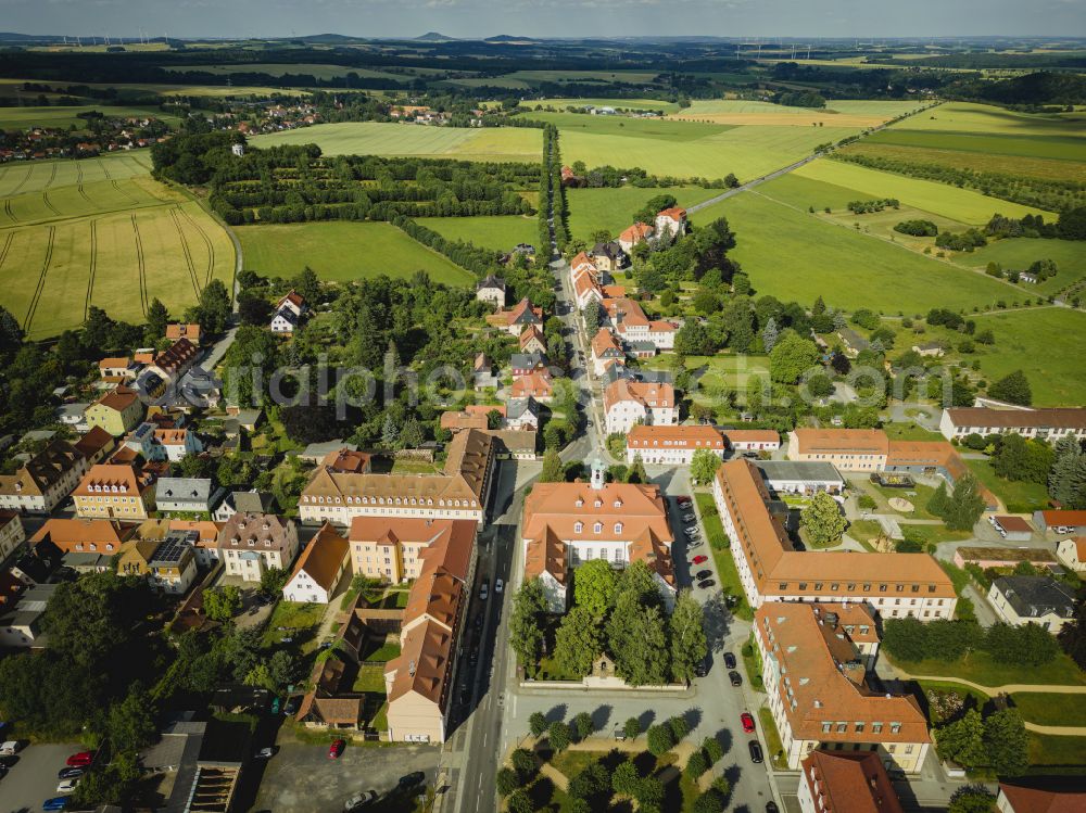 Herrnhut from above - The city center in the downtown area on street Loebauer Strasse in Herrnhut in the state Saxony, Germany