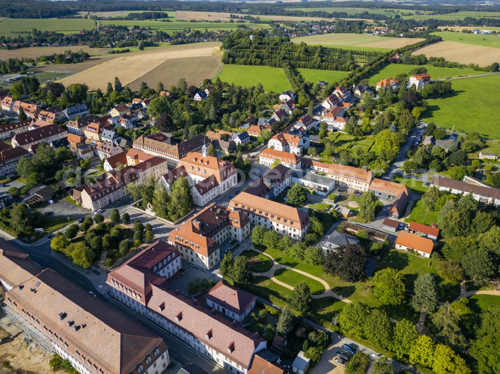 Herrnhut from above - The city center in the downtown area on street Loebauer Strasse in Herrnhut in the state Saxony, Germany