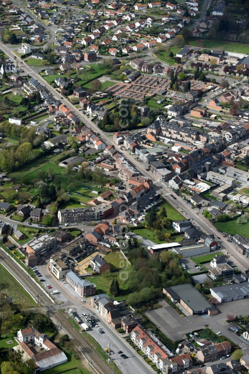 Hoeselt from above - The city center in the downtown area in Hoeselt in Vlaan deren, Belgium