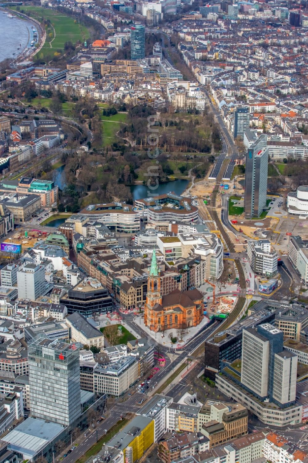 Düsseldorf from above - The city center in the downtown area on Johanneskirche in Duesseldorf in the state North Rhine-Westphalia, Germany