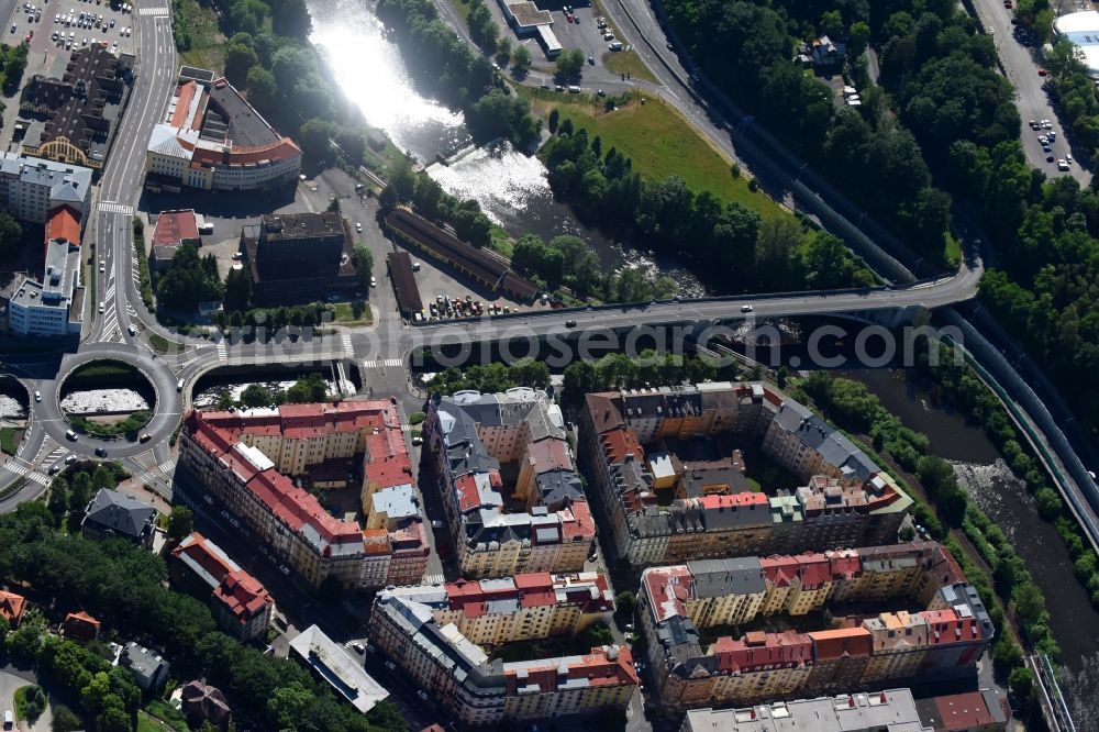 Karlovy Vary - Karlsbad from the bird's eye view: The city center in the downtown area in Karlovy Vary - Karlsbad in Cechy - Boehmen, Czech Republic