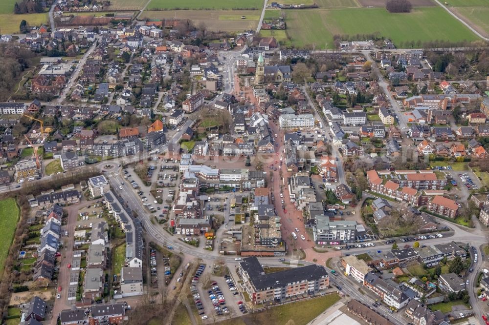 Kirchhellen from above - The city center in the downtown area along the Schulze-Delitzsch-Strasse - Oberhofstrasse - Hauptstrasse in Kirchhellen at Ruhrgebiet in the state North Rhine-Westphalia, Germany