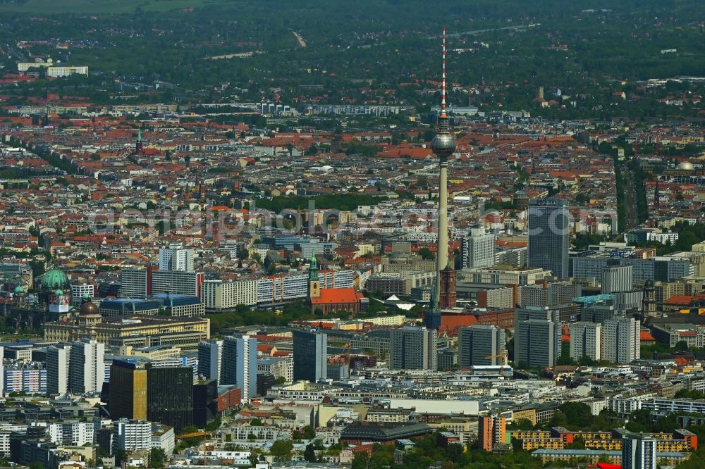 Berlin from above - The city center in the downtown area Leipziger Strasse - Fischerkiez - Fernsehturm in the district Mitte in Berlin, Germany