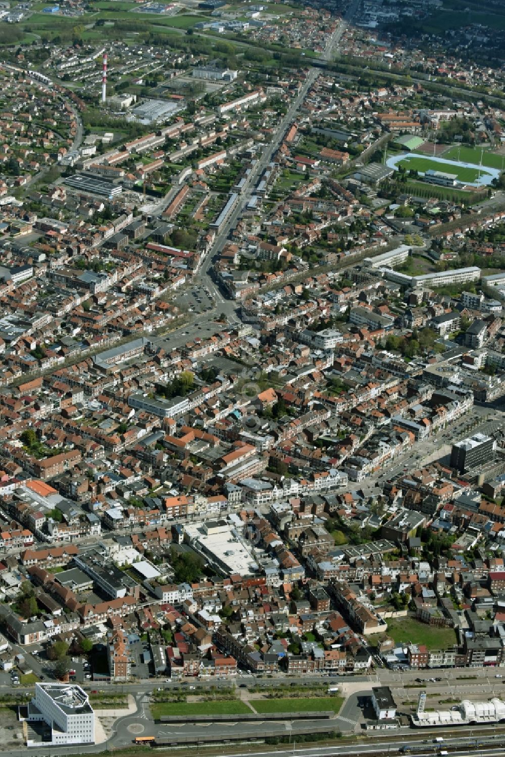 Lens from the bird's eye view: The city center in the downtown are in Lens in Nord-Pas-de-Calais Picardy, France