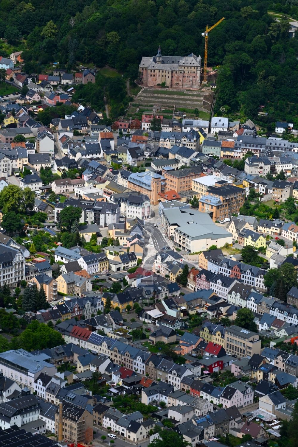 Lichtenstein/Sachsen from above - The city center in the downtown area in Lichtenstein/Sachsen in the state Saxony, Germany