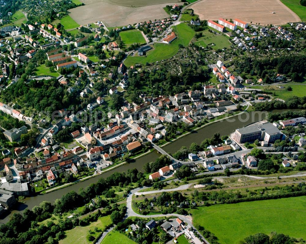 Lunzenau from above - The city center in the downtown area in Lunzenau in the state Saxony, Germany