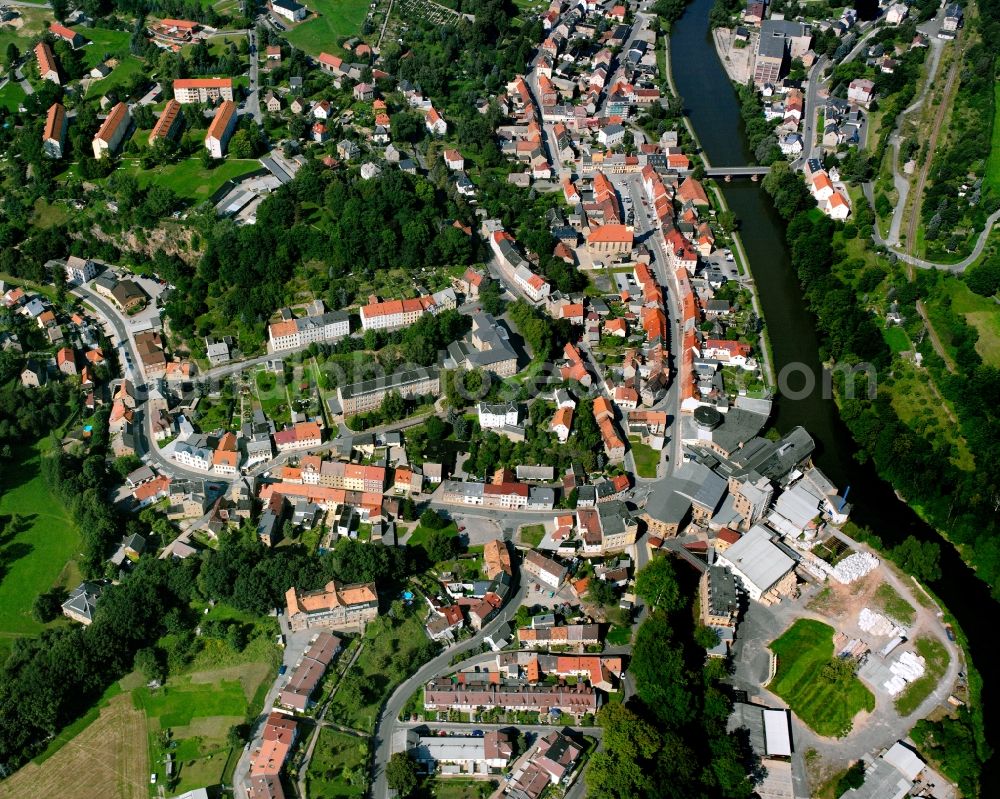 Lunzenau from above - The city center in the downtown area in Lunzenau in the state Saxony, Germany