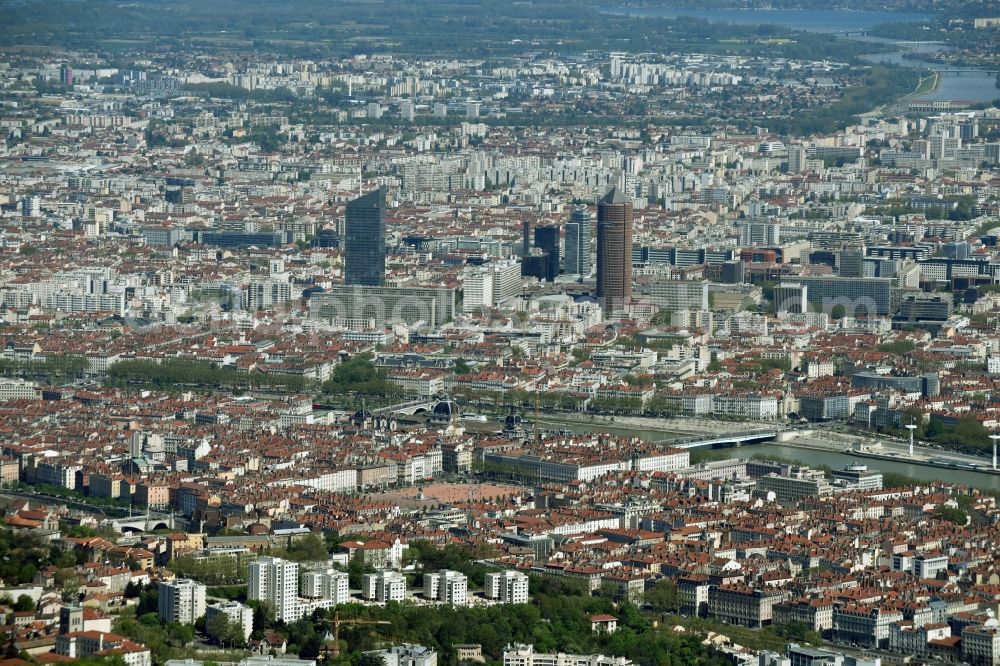 Lyon from the bird's eye view: The city center in the downtown are in Lyon in Auvergne Rhone-Alpes, France