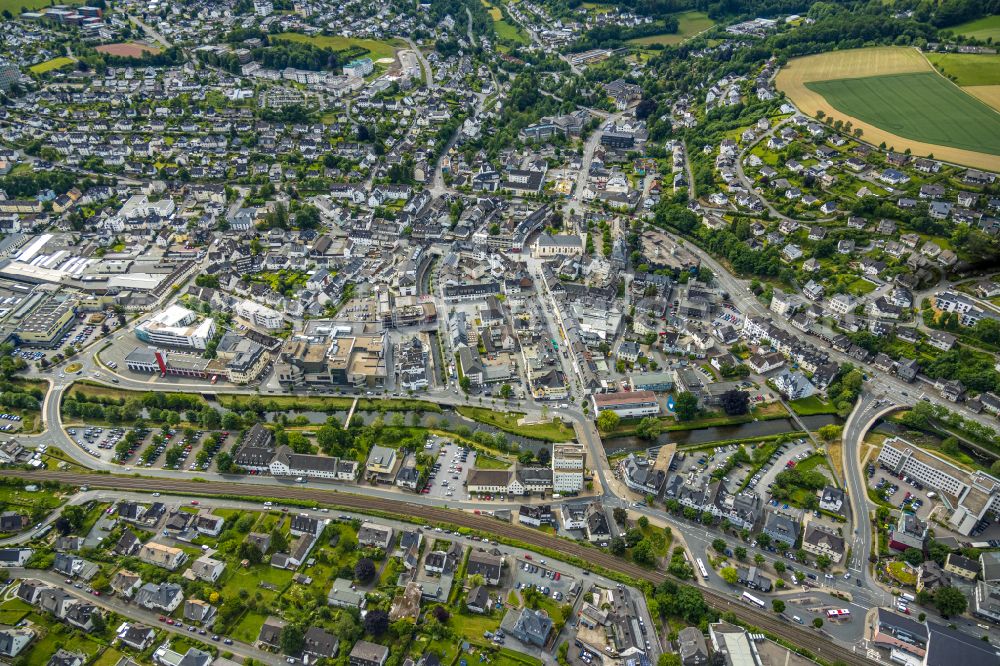 Meschede from above - The city center in the downtown area in Meschede at Sauerland in the state North Rhine-Westphalia, Germany