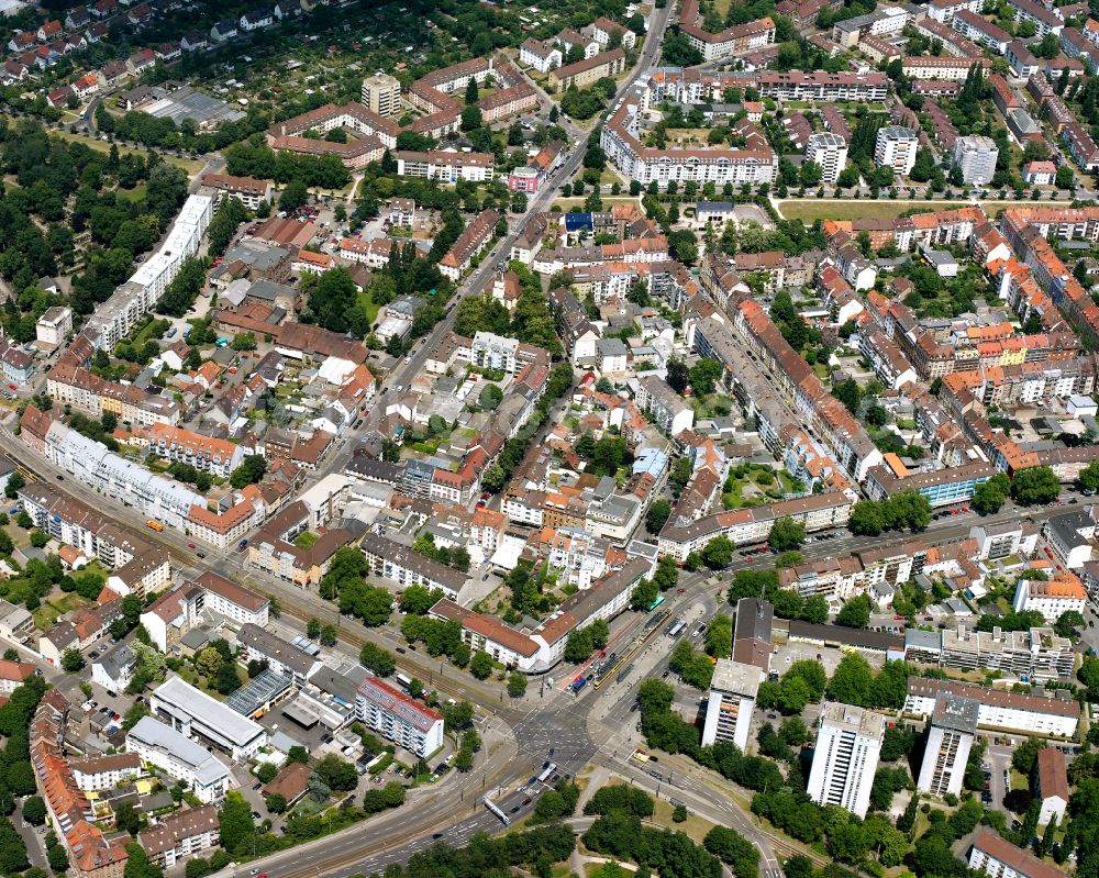 Mühlburg from the bird's eye view: The city center in the downtown area in Mühlburg in the state Baden-Wuerttemberg, Germany