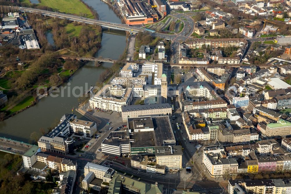 Mülheim an der Ruhr from the bird's eye view: The city center in the downtown are in Muelheim on the Ruhr in the state North Rhine-Westphalia