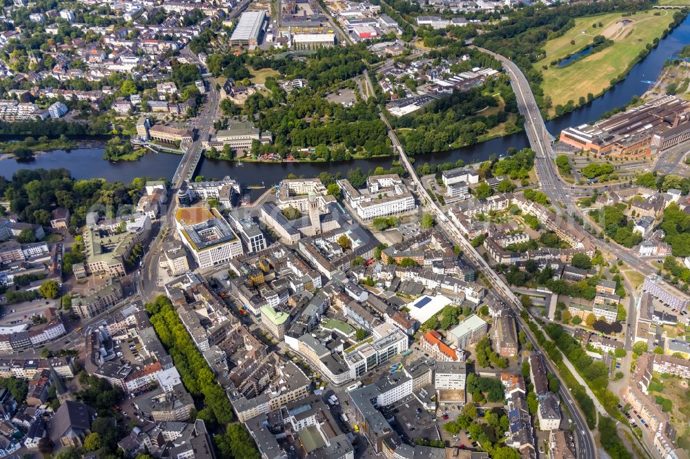 Mülheim an der Ruhr from the bird's eye view: The city center in the downtown area in Muelheim on the Ruhr at Ruhrgebiet in the state North Rhine-Westphalia, Germany