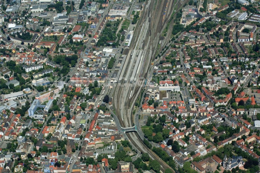 Offenburg from the bird's eye view: The city center and Station in the downtown area in Offenburg in the state Baden-Wuerttemberg