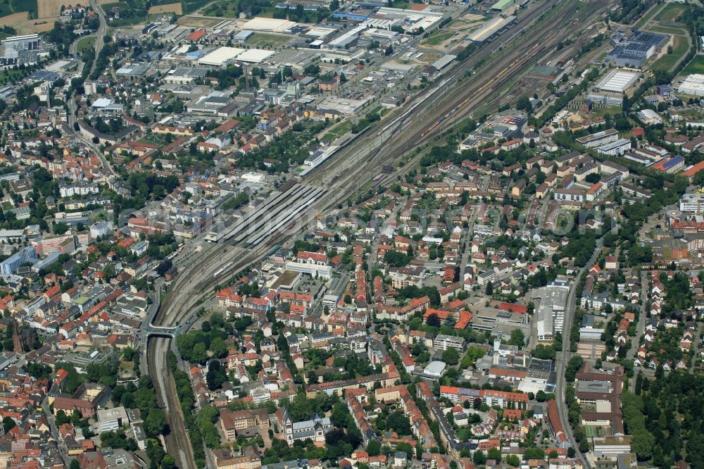 Aerial image Offenburg - The city center and Station in the downtown area in Offenburg in the state Baden-Wuerttemberg