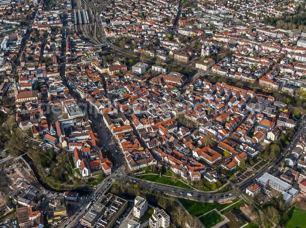 Offenburg from above - The city center and Station in the downtown area in Offenburg in the state Baden-Wuerttemberg