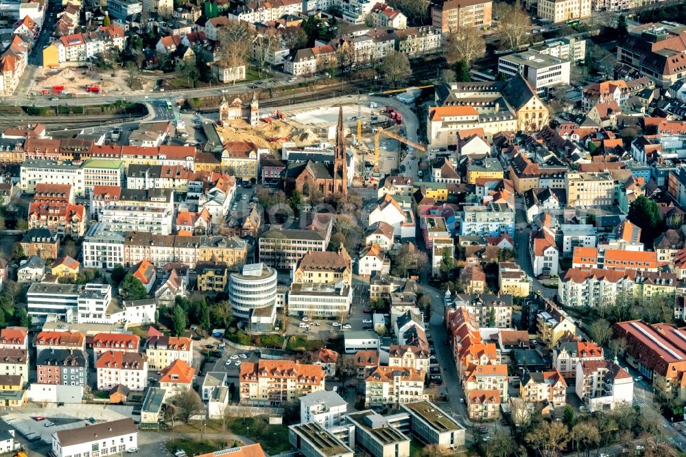 Offenburg from the bird's eye view: The city center in the downtown area Okenstrasse Hauptstrasse in Offenburg in the state Baden-Wurttemberg, Germany