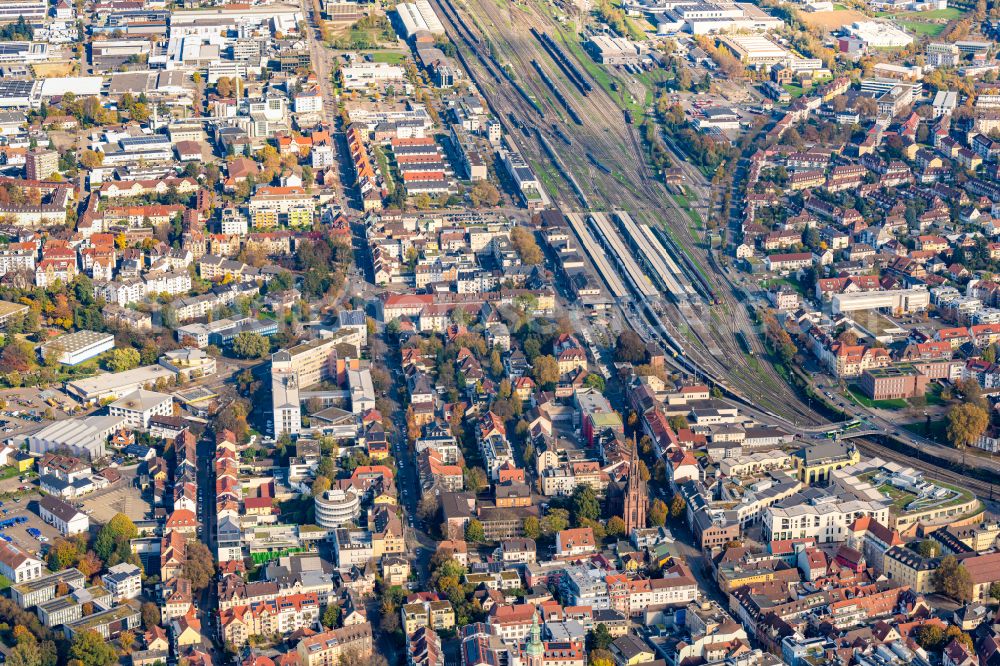 Offenburg from the bird's eye view: The city center in the downtown area Okenstrasse Hauptstrasse in Offenburg in the state Baden-Wurttemberg, Germany